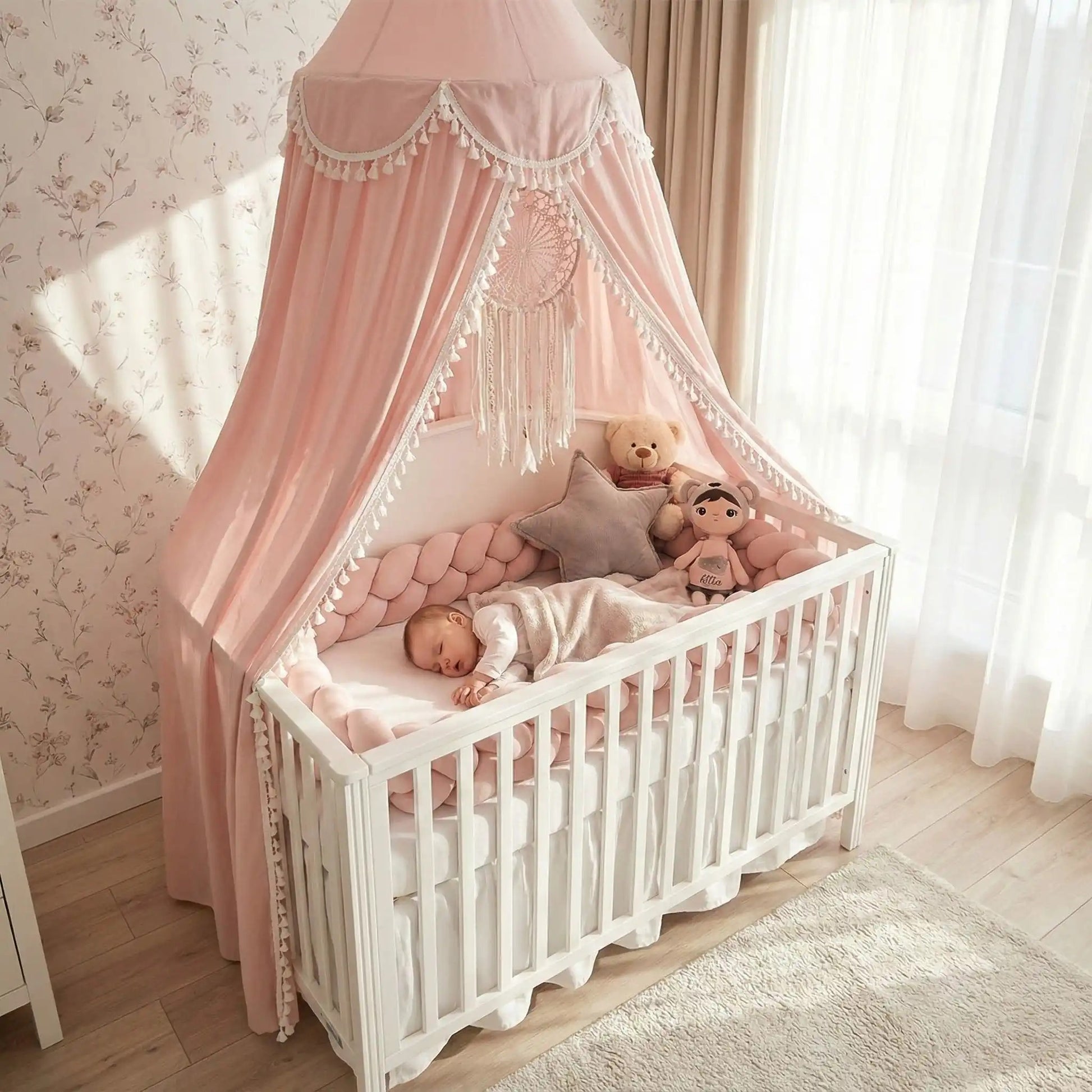 Voile pour lit bebe enveloppe bébé dormant paisiblement dans berceau Rose Protecteur