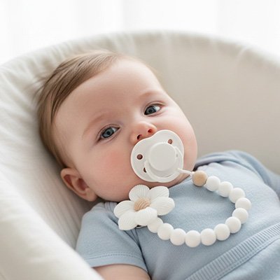 Attache tetine fleur blanche coton élégante - Pratique et Sécurisée