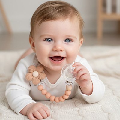 Attache tetine fleur marron avec bébé souriant - Pratique et Sécurisée