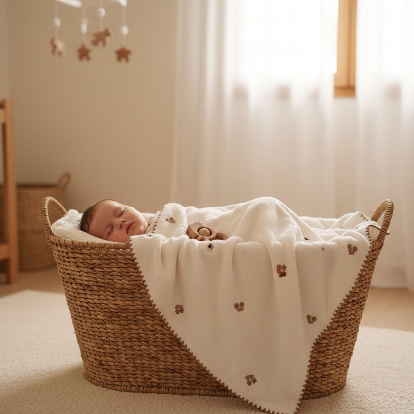 bebe dort dans panier en osier avec couverture blanche oursons - Soie Polaire
