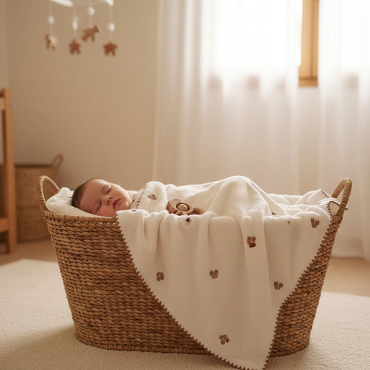 bebe dort dans panier en osier avec couverture blanche oursons - Soie Polaire