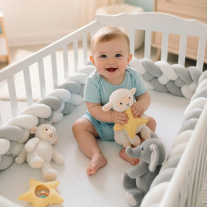 bébé assit dans berceau tresse de lit bébé jouant avec doudous cozyknot blanc gris