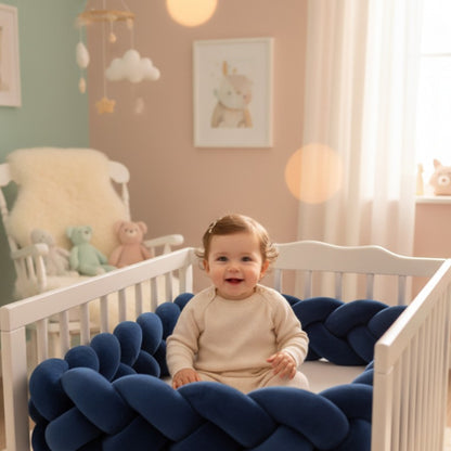 bébé assit dans berceau avec tresse de lit bébé Bleu Marine Protection Cocon