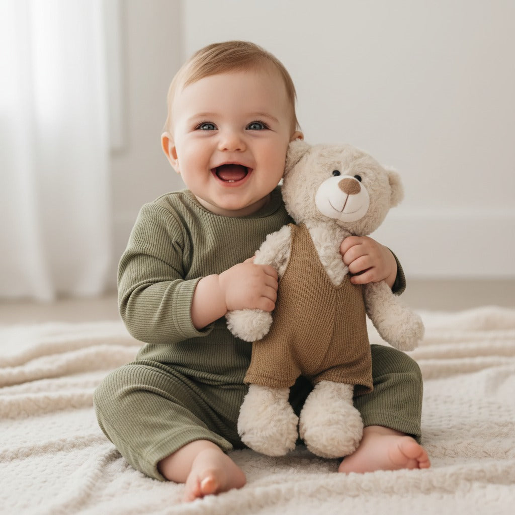 bébé assit souriant avec doudou ours tout doux