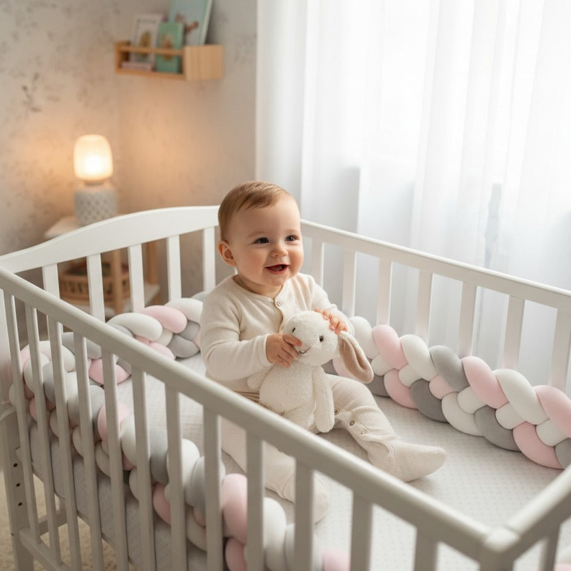 bébé assit souriant dans berceau avec tresse de lit bébé cozyknot rose gris