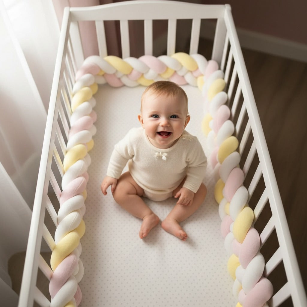 bébé assit souriant dans berceau avec tresse de lit bébé cozyknot rose jaune