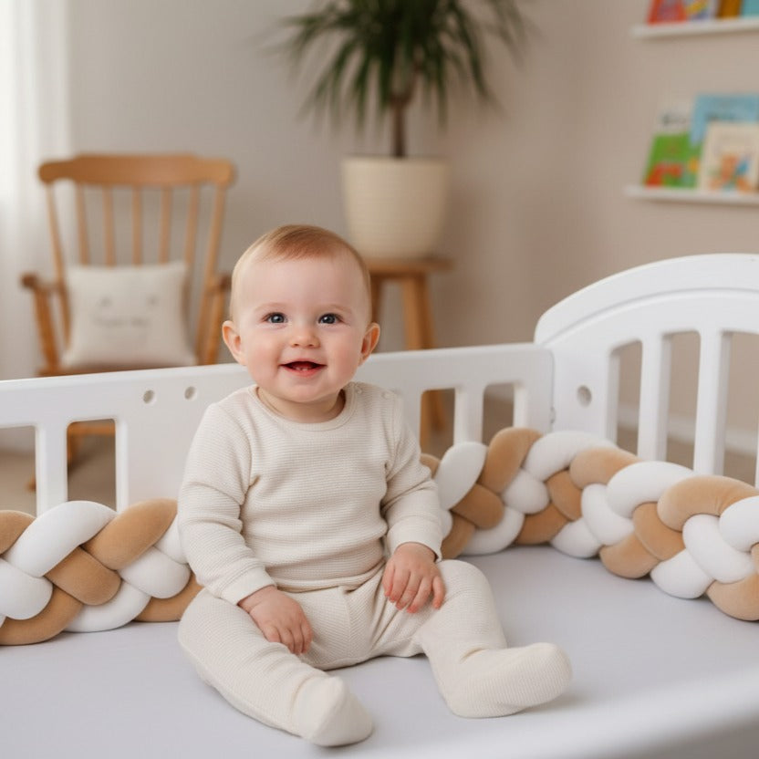 bébé assit souriant dans berceau avec tresse de lit linéamax