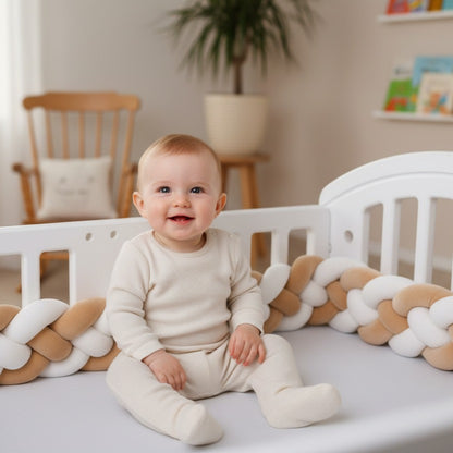 bébé assit souriant dans berceau avec tresse de lit linéamax