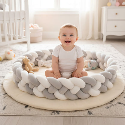 bébé assit sur tapis entouré de tresse de lit bébé cozyknot blanc gris