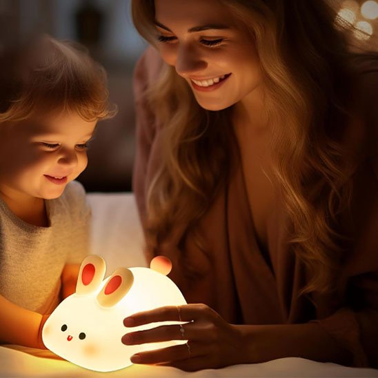 Bébé avec maman tenant la Veilleuse bébé forme lapin- Nuits Apaisantes
