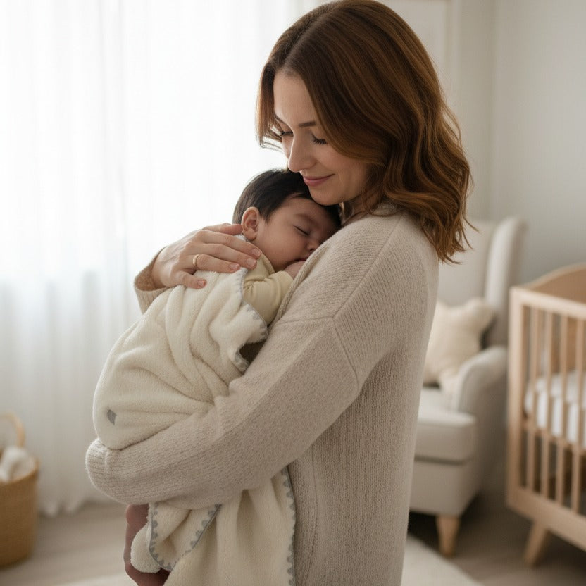 bébé blotti contre maman avec Plaide bebe douce polaire Soie Polaire