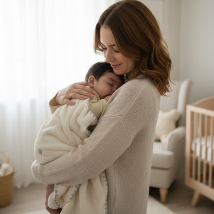 bébé blotti contre maman avec Plaide bebe douce polaire Soie Polaire