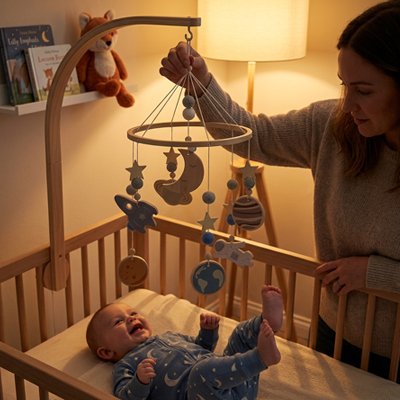 bébé content regarde maman ajuste Mobile bebe - Douce Galaxie
