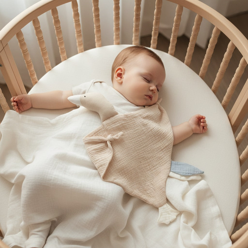 bébé dort avec doudou beige - canard mousseline