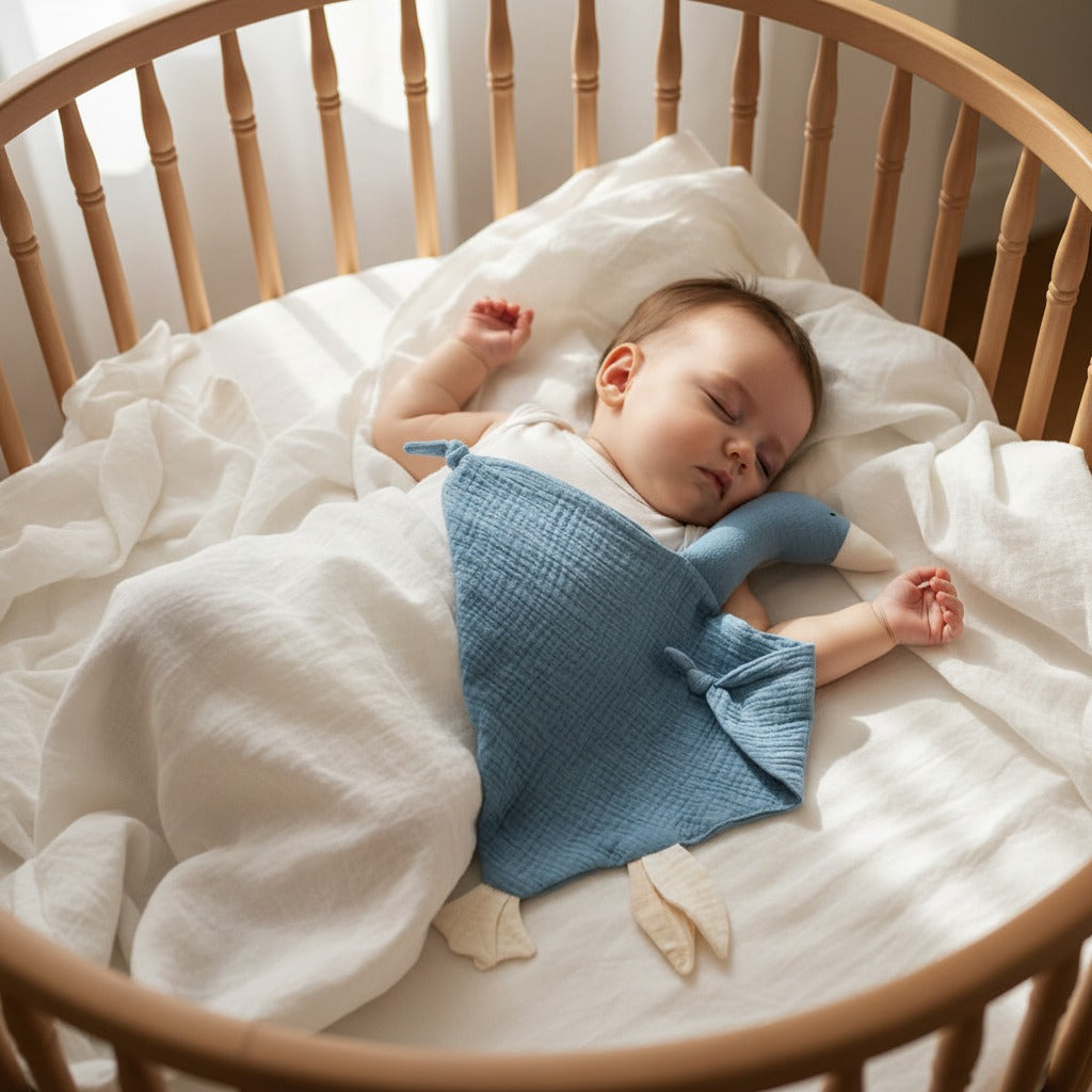 Bébé dort avec doudou bleu canard mousseline