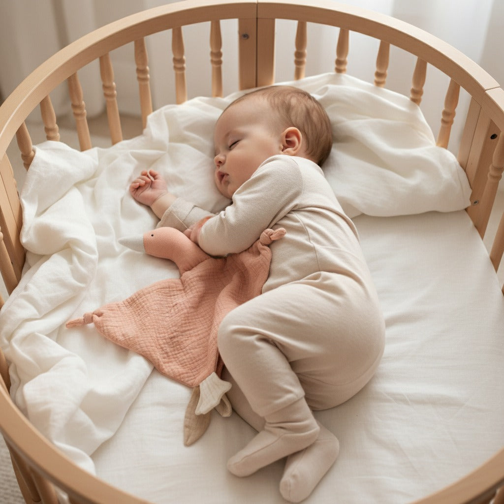 bébé dort avec doudou saumon pastel canard mousseline