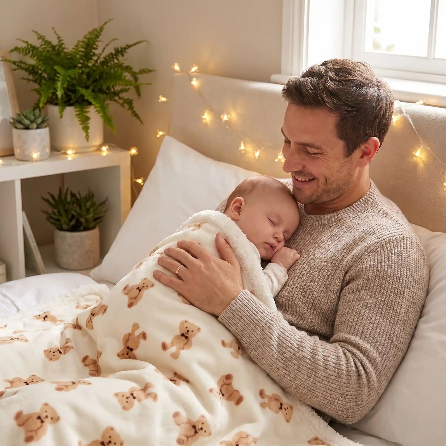 bébé dort blotti contre couvert par couverture polaire bebe - ours beige