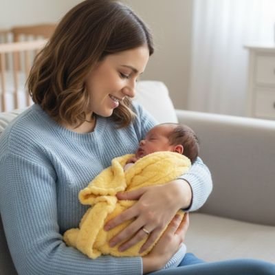 Bébé dort blotti contre maman dans la petite couverture bebe jaune - Soft Sleep
