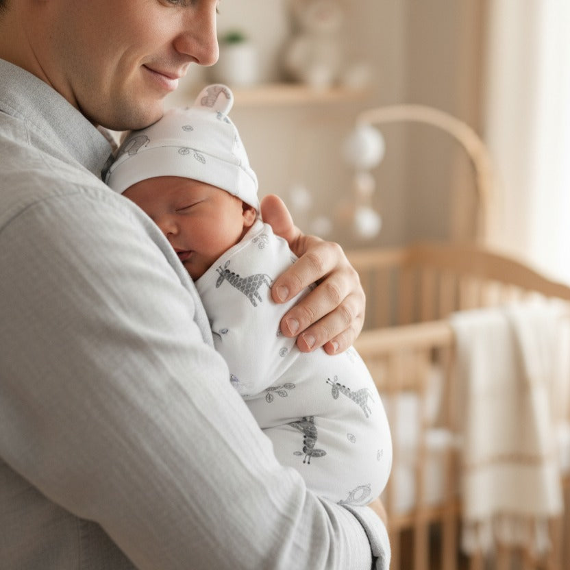 bébé dort blotti contre papa avec Couverture emmaillotage coton Douce Sérénité