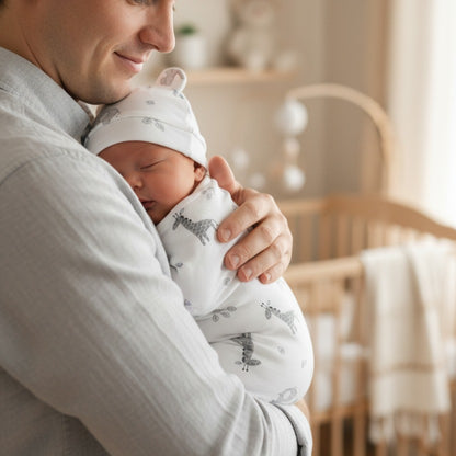bébé dort blotti contre papa avec Couverture emmaillotage coton Douce Sérénité