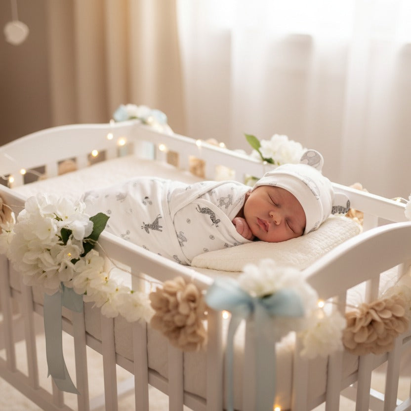 bébé dort dans berceau avec Couverture emmaillotage coton Douce Sérénité