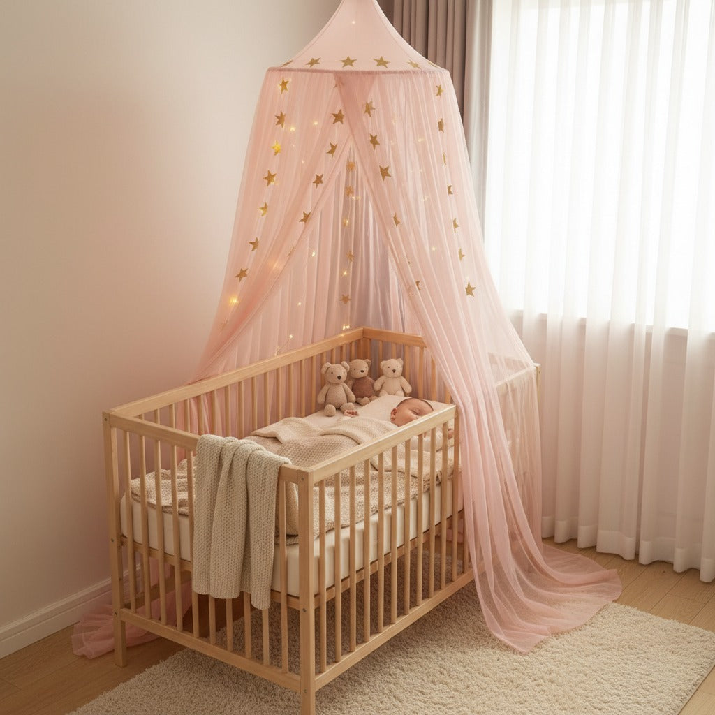 bébé dort dans berceau avec Lit bebe voile beige moustiquaire Protection Anti Moustiques