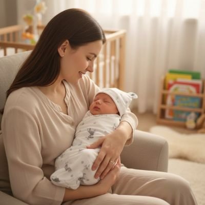 Bébé dort dans les bras de maman avec Couverture emmaillotage coton Douce Sérénité 
