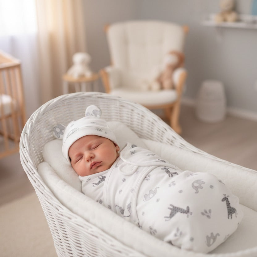 bébé dort dans panier blanc avec Couverture emmaillotage coton Douce Sérénité