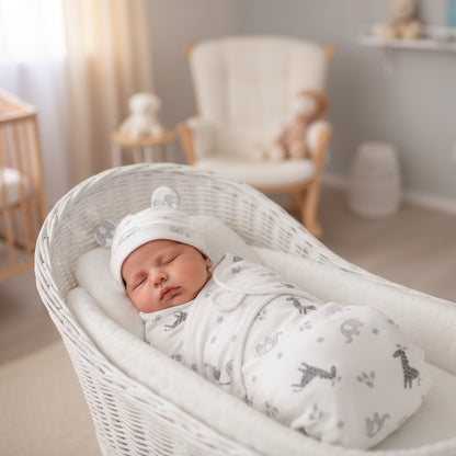 bébé dort dans panier blanc avec Couverture emmaillotage coton Douce Sérénité