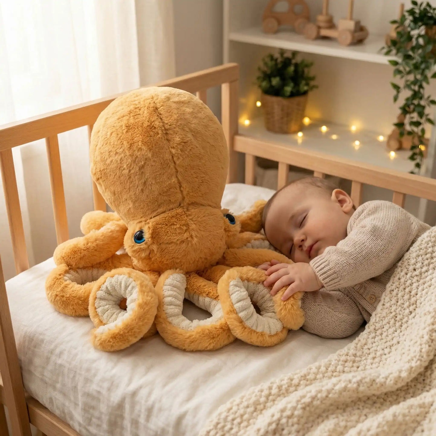 bébé dort paisiblement avec Peluche pieuvre douce beige Doudou Apaisant