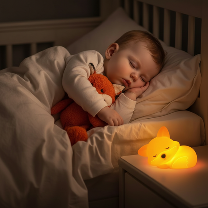 bébé dort paisiblement avec bebe veilleuse orange Renard Silicone Rechargeable