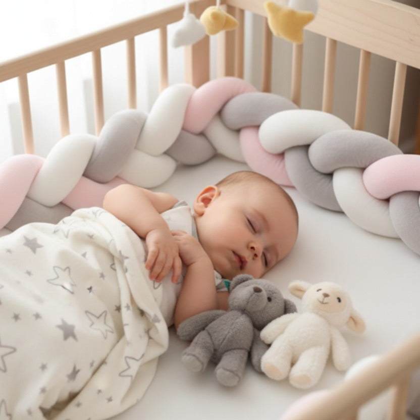 bébé dort paisiblement avec tresse blanc rose gris dans chambre douillette DOUCE TRESSE