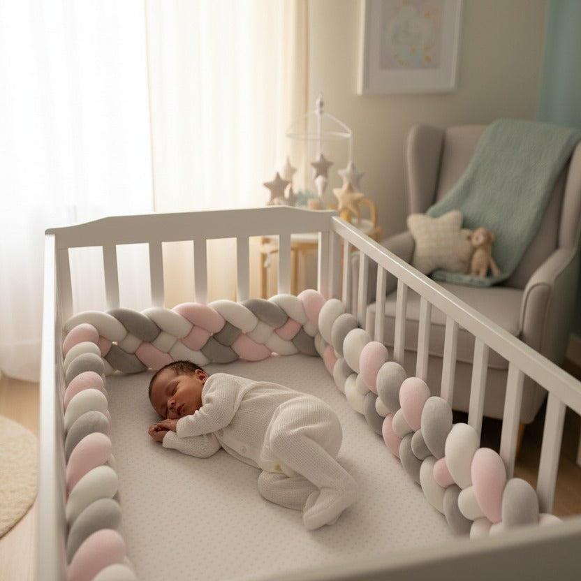 bébé dort paisiblement avec tresse de lit bébé confortable cozyknot rose gris