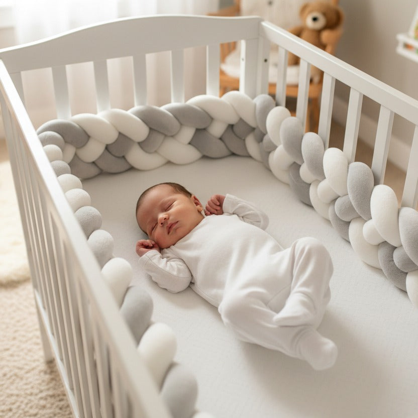bébé dort paisiblement avec tresse de lit bébé dans berceau cozyknot blanc gris