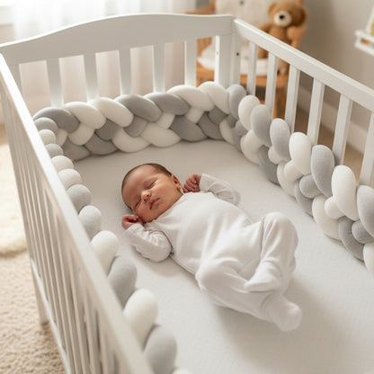 bébé dort paisiblement avec tresse de lit bébé dans berceau cozyknot blanc gris