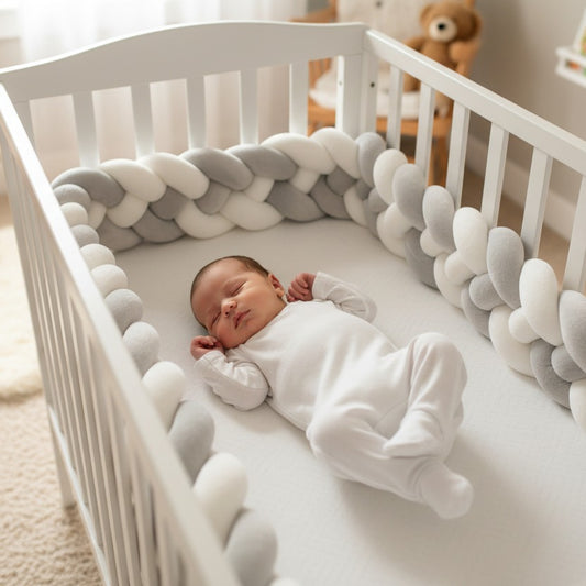 bébé dort paisiblement avec tresse de lit bébé dans berceau cozyknot blanc gris