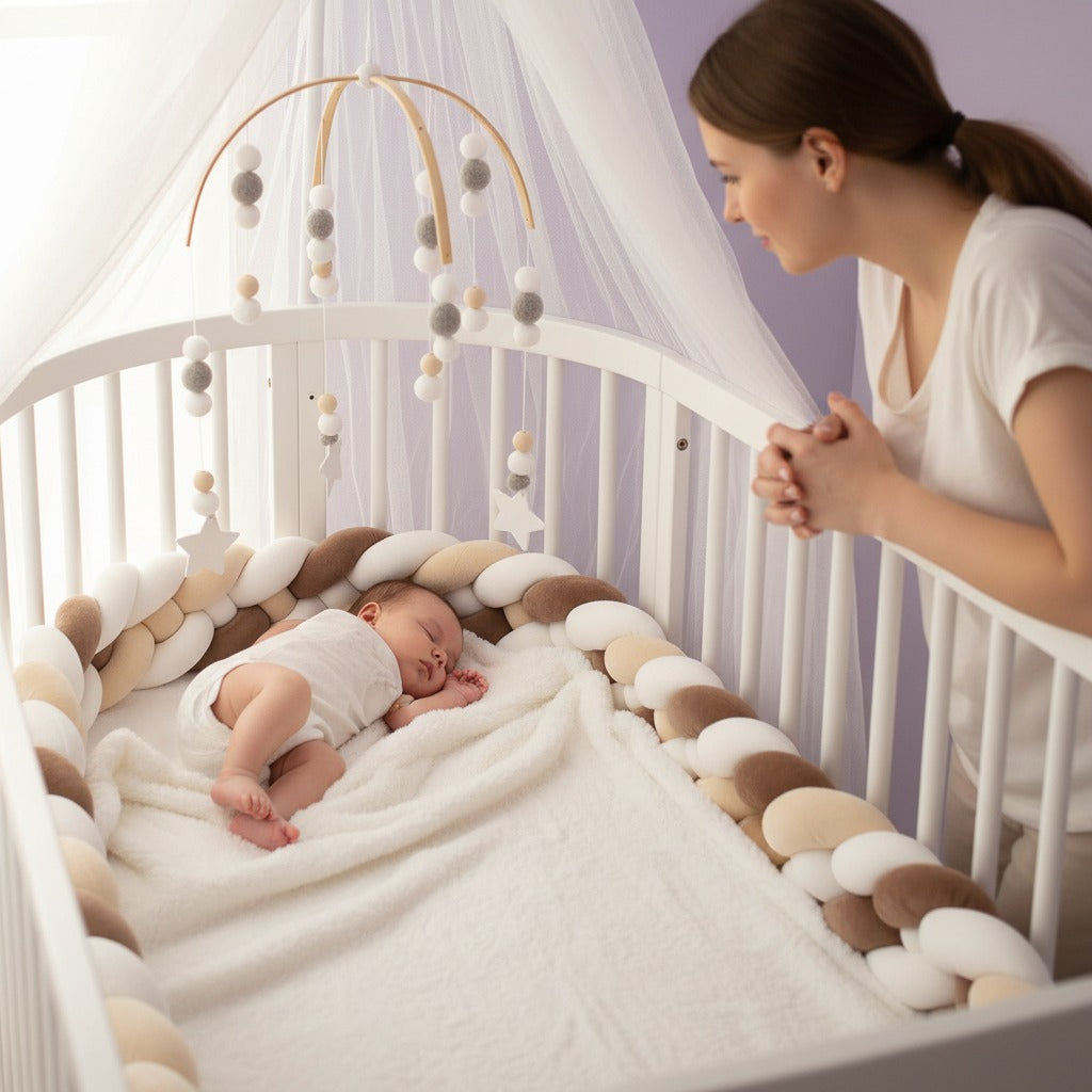 bébé dort paisiblement avec tresse de lit bébé maman le regarde - Brun Clair
