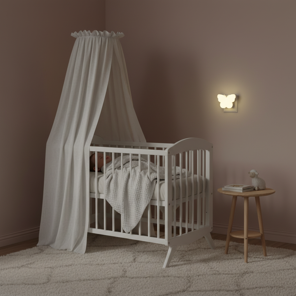 bébé dort paisiblement avec veilleuse pour bebe papillon - lumière automatique