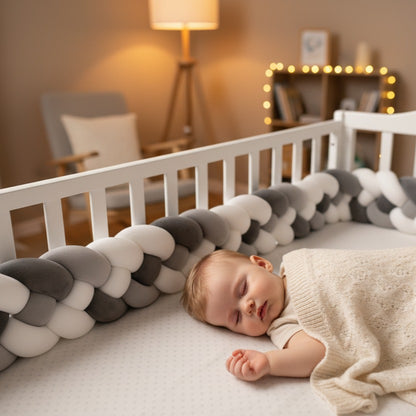 bébé dort paisiblement dans berceau avec Tour de lit tressé Gris Blanc