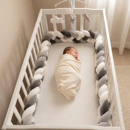 bébé dort paisiblement dans berceau avec Tour de lit tressé protecteur Gris Blanc