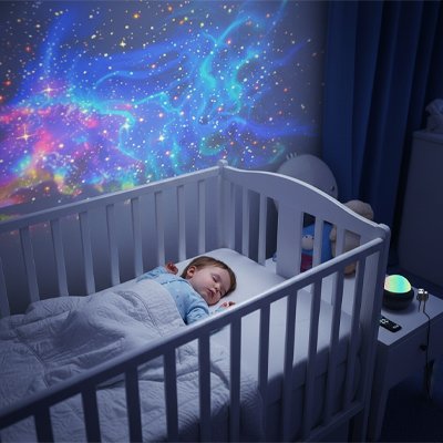 Bébé dort paisiblement dans berceau avec lumière apaisante Veilleuse projection  - Apaisante