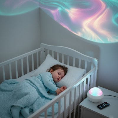 Bébé dort paisiblement dans berceau avec lumière douce Veilleuse projection - Apaisante