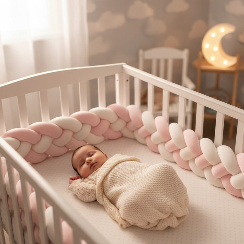 bébé dort paisiblement dans berceau avec tresse de lit bébé CozyKnot - Rose Blanc