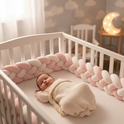 bébé dort paisiblement dans berceau avec tresse de lit bébé CozyKnot - Rose Blanc