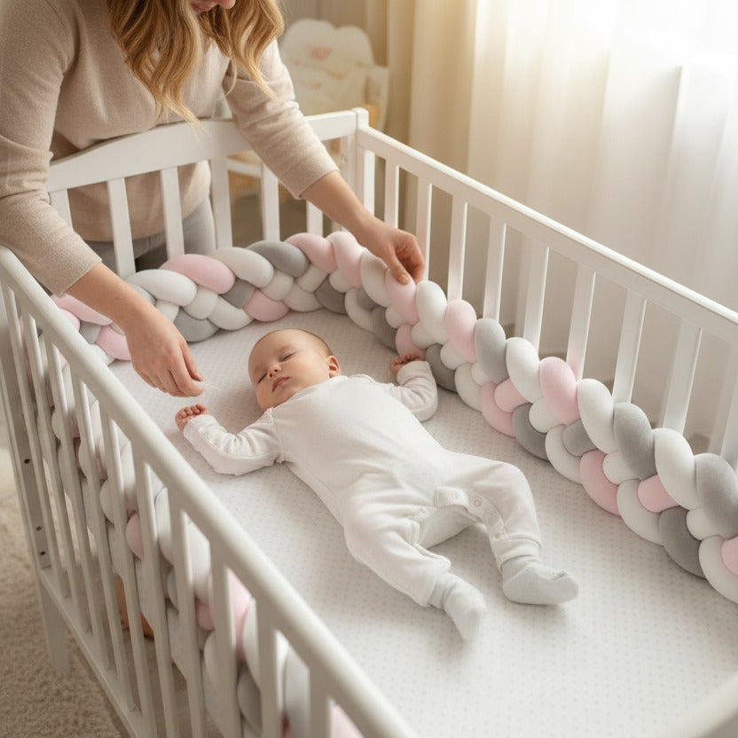 bébé dort paisiblement dans berceau avec tresse de lit bébé cozyknot rose gris