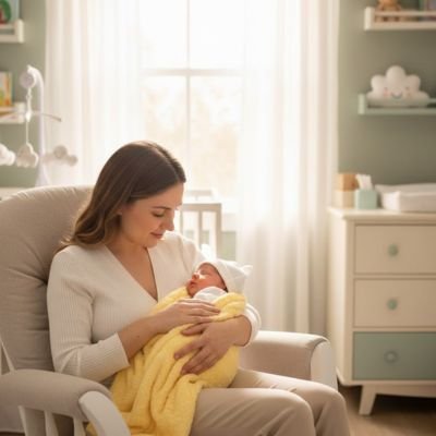 Bébé dort paisiblement dans bras de maman emmailloté dans petite couverture bebe jaune-Soft-Sleep