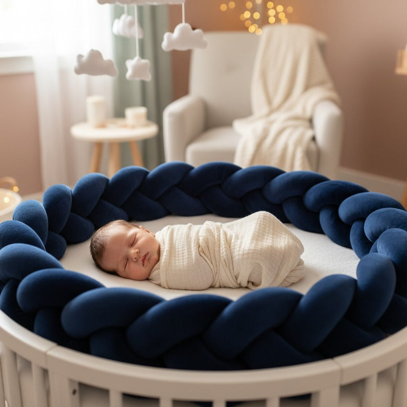bébé dort paisiblement dans berceau avec tresse de lit bebe Bleu Marine Protection Cocon