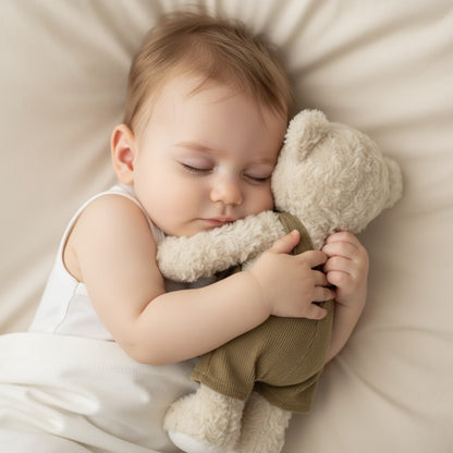 bébé dort paisiblement en serrant doudou ours - tout doux