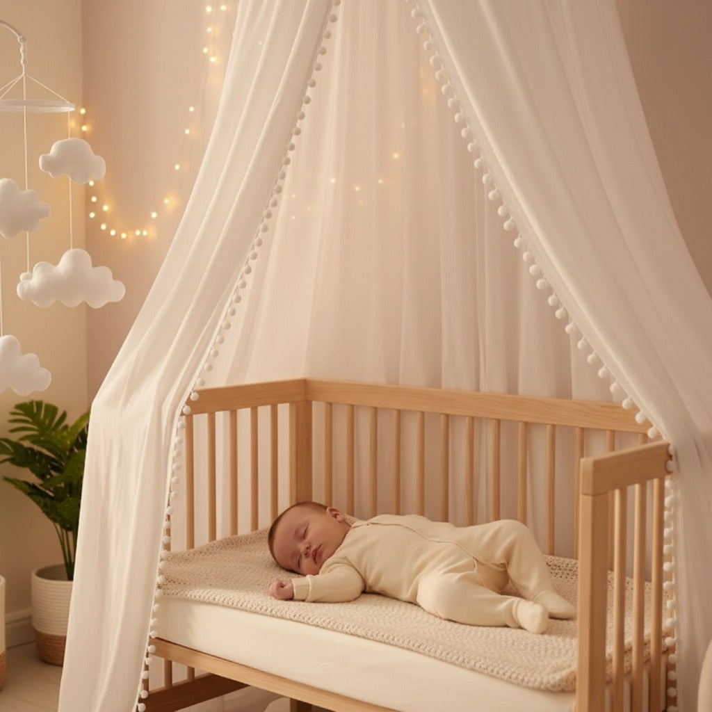 bébé dort sereinement berceau en bois sous ciel de lit blanc bebe Cocon Protecteur
