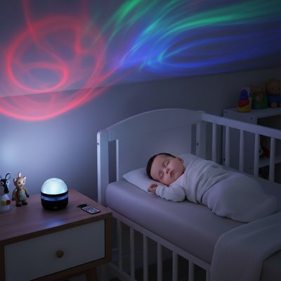 bébé dort sereinement dans son berceau avec Veilleuse projection -Beaux Rêves